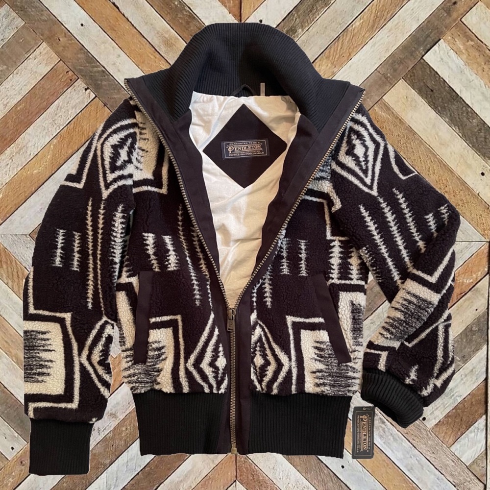 Pendleton Womens Black Ivory Harding Bomber Style Berber Fleece Jacket Brand New - Picture 1 of 5